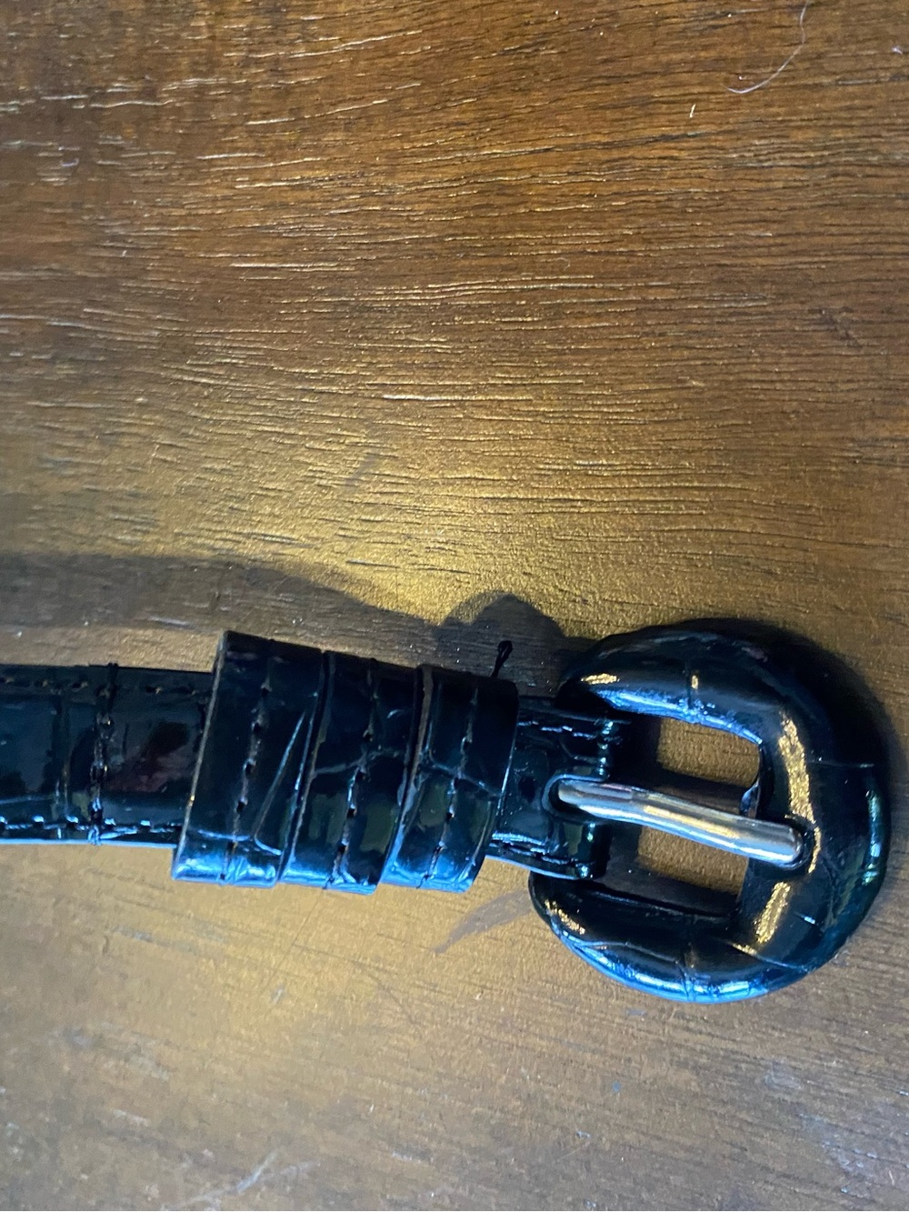 Women's Glossy Black Croc-Embossed Belt with Round Buckle